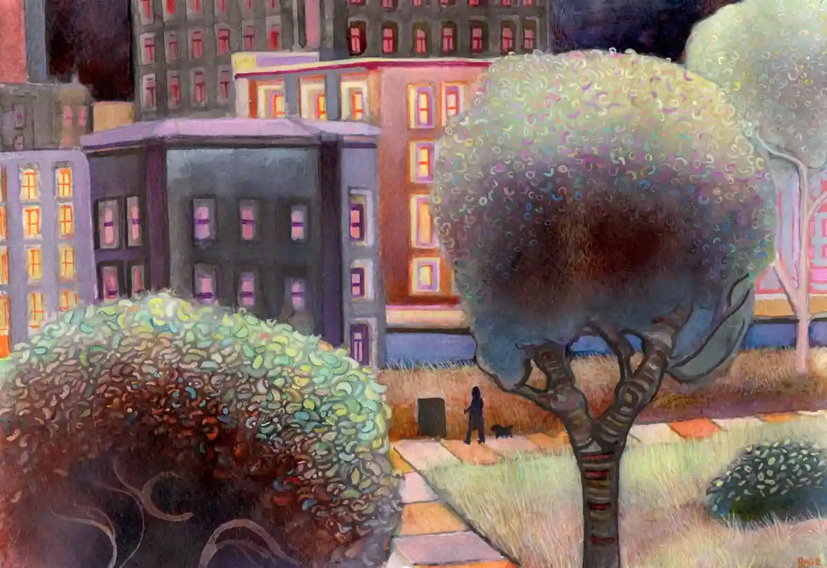 A stylized painting depicts a person walking a small dog on a sidewalk in an urban park, with large, textured, colorful…