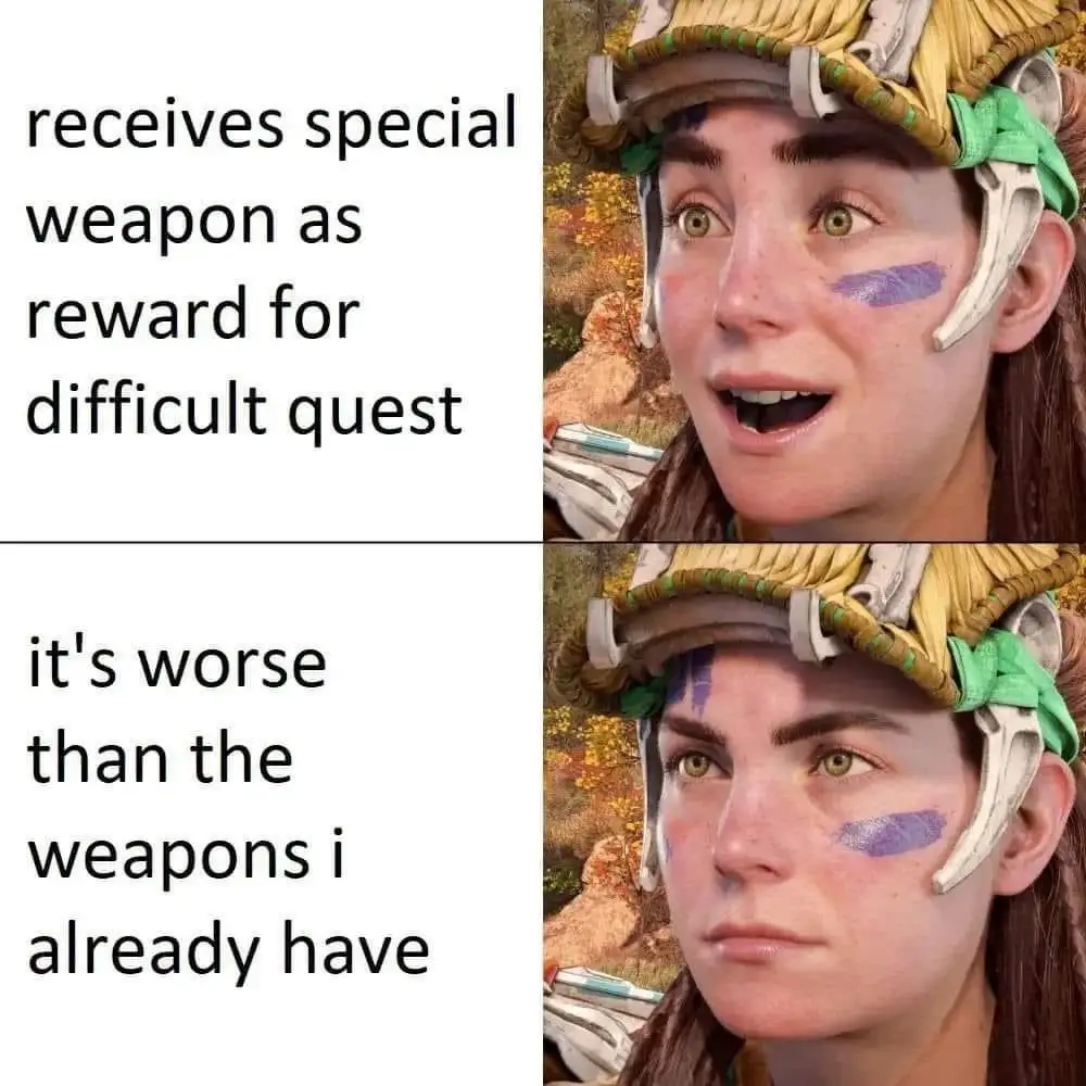 The image is a two-panel meme featuring the same character, Aloy from the video game Horizon Zero Dawn, in both panels. In…
