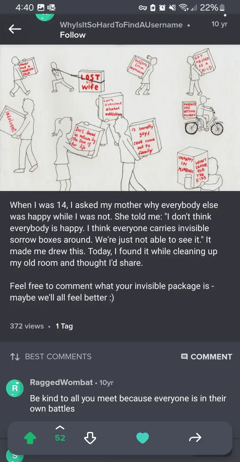 A black-and-white drawing shows multiple stick figures, each carrying a labeled box representing hidden personal struggles…