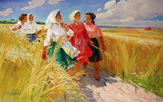 A vintage painting depicts four women walking through a golden wheat field under a partly cloudy sky. The woman in the…