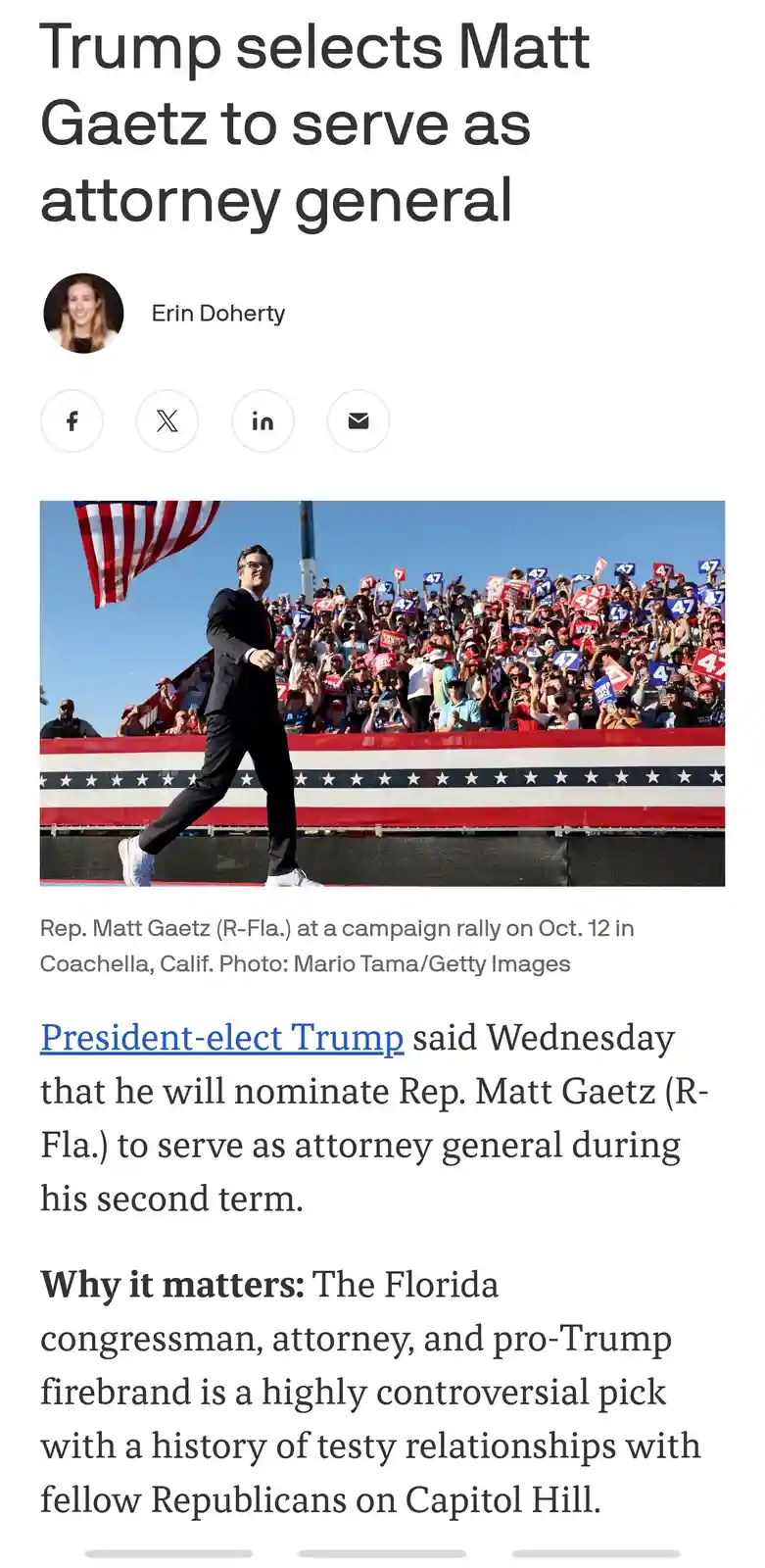 A screenshot of a news article shows Rep. Matt Gaetz walking at a campaign rally, with a crowd holding '47' signs behind…