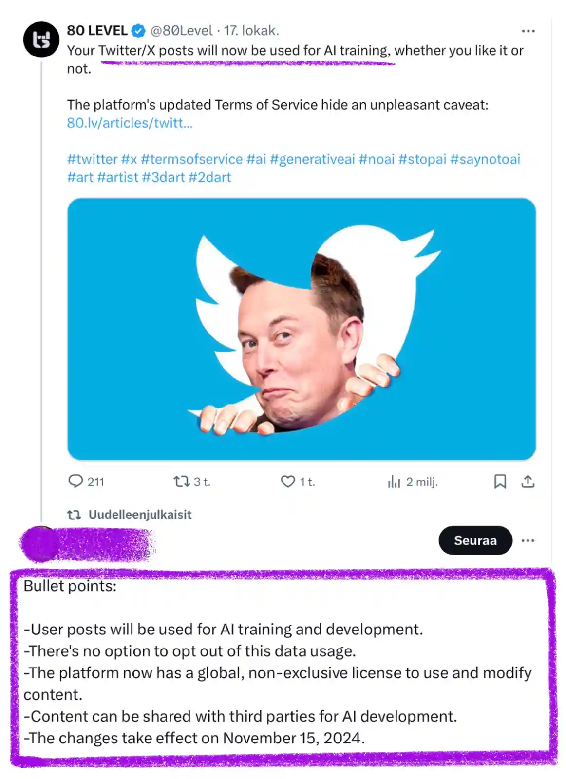 A screenshot of a Finnish Twitter/X post from '80 LEVEL' announcing that user posts will be used for AI training without…