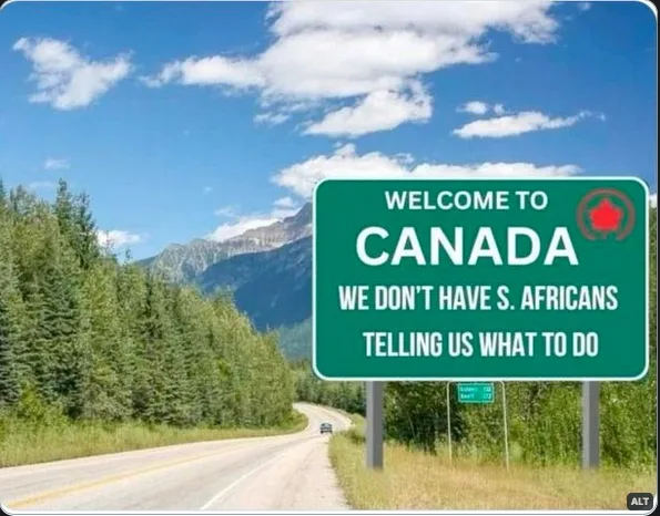 A green Canadian border sign reads 'WELCOME TO CANADA' with a red maple leaf logo, followed by the text 'WE DON'T HAVE S…