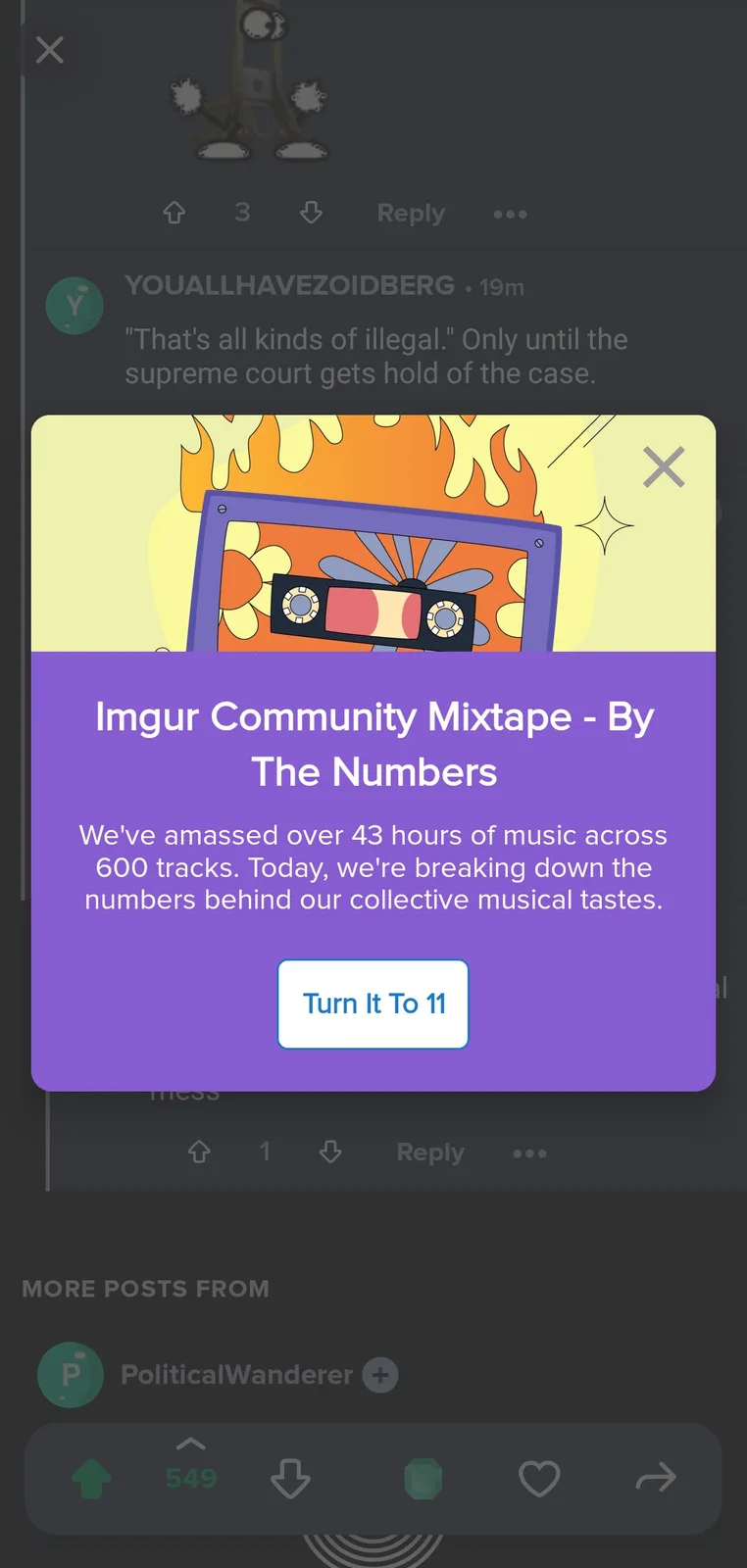 An Imgur community mixtape pop-up features a cartoon cassette tape on fire, with text stating they've amassed over 43 hours…