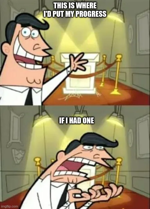 Two-panel cartoon meme featuring a man in a white shirt and tie. In the top panel, he points proudly at an empty pedestal…