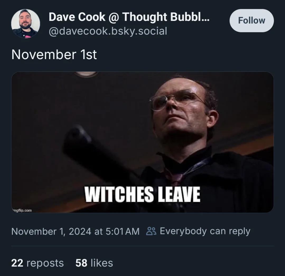 A screenshot of a social media post from November 1st, 2024, featuring a still image of a man in a dark robe and glasses…