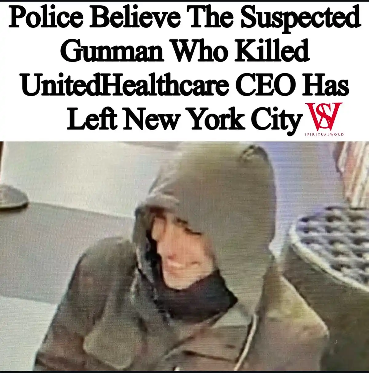 A low-resolution security camera image shows a person in a dark hooded jacket and scarf, smiling faintly while looking down…