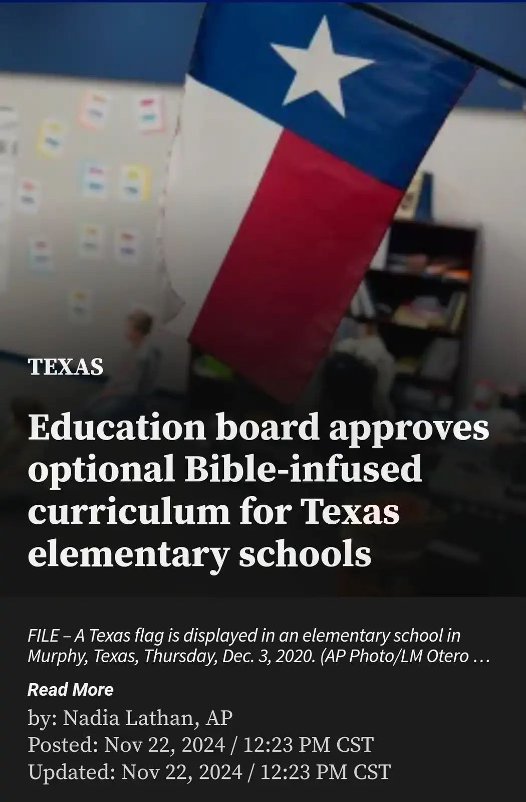 A Texas flag hangs in a classroom with blurred students in the background. Overlaid text reads 'TEXAS Education board…