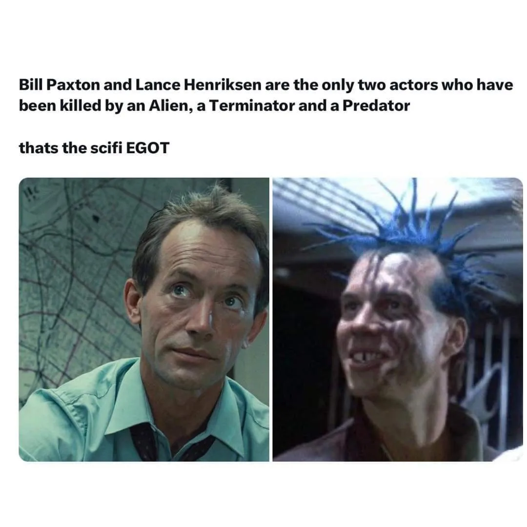 The image displays two side-by-side movie stills: on the left, actor Bill Paxton with a surprised expression, and on the…