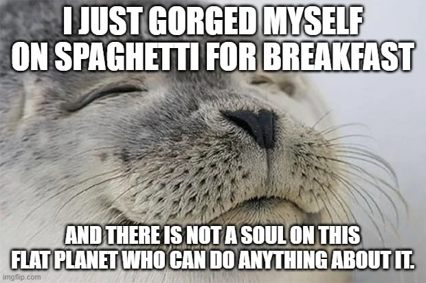 A close-up image of a seal with its eyes closed and mouth slightly open, appearing blissfully satisfied. Overlaid white text…