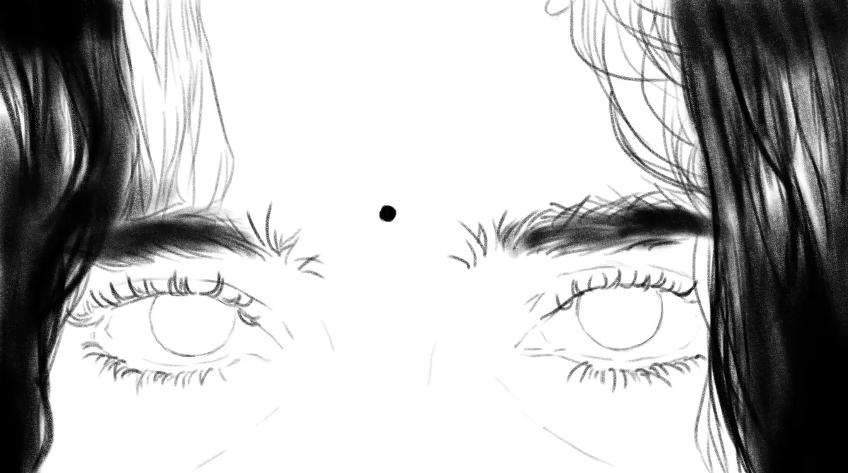 A black-and-white sketch shows a person's eyes looking forward with long lashes and dark hair framing the sides. Between the…