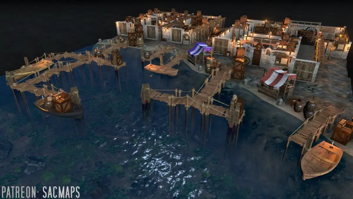 An aerial view of a detailed, medieval-style coastal settlement built on wooden docks and stilts over dark water, featuring…