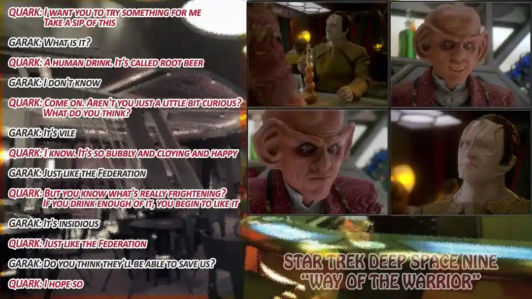 A collage of four stills from the Star Trek: Deep Space Nine episode 'Way of the Warrior' shows Quark offering Garak root…