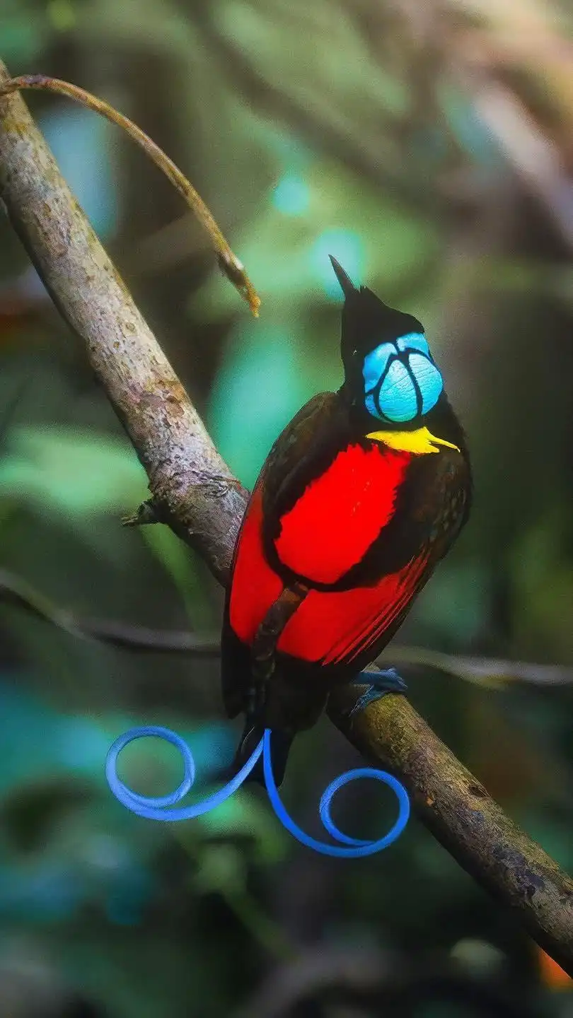 A vibrant male greater bird-of-paradise perches on a branch, showcasing its brilliant red chest, black body, and striking…