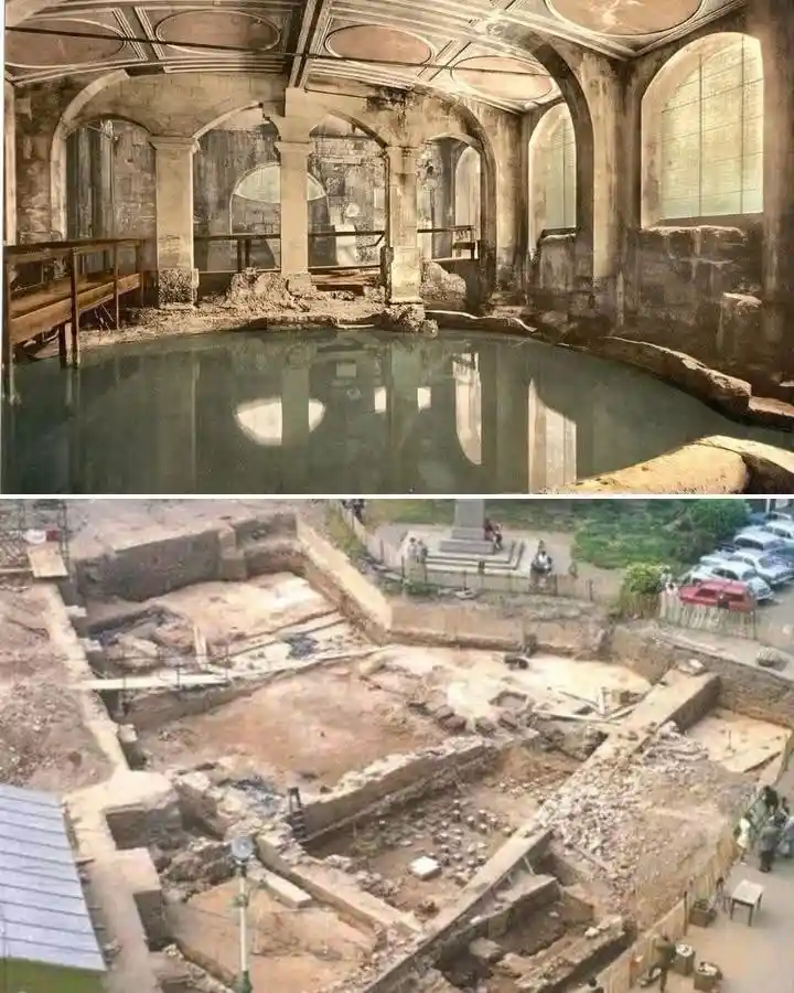 The image is a two-panel meme. The top panel shows a preserved, ornate Roman bathhouse with arched stone walls, a large…