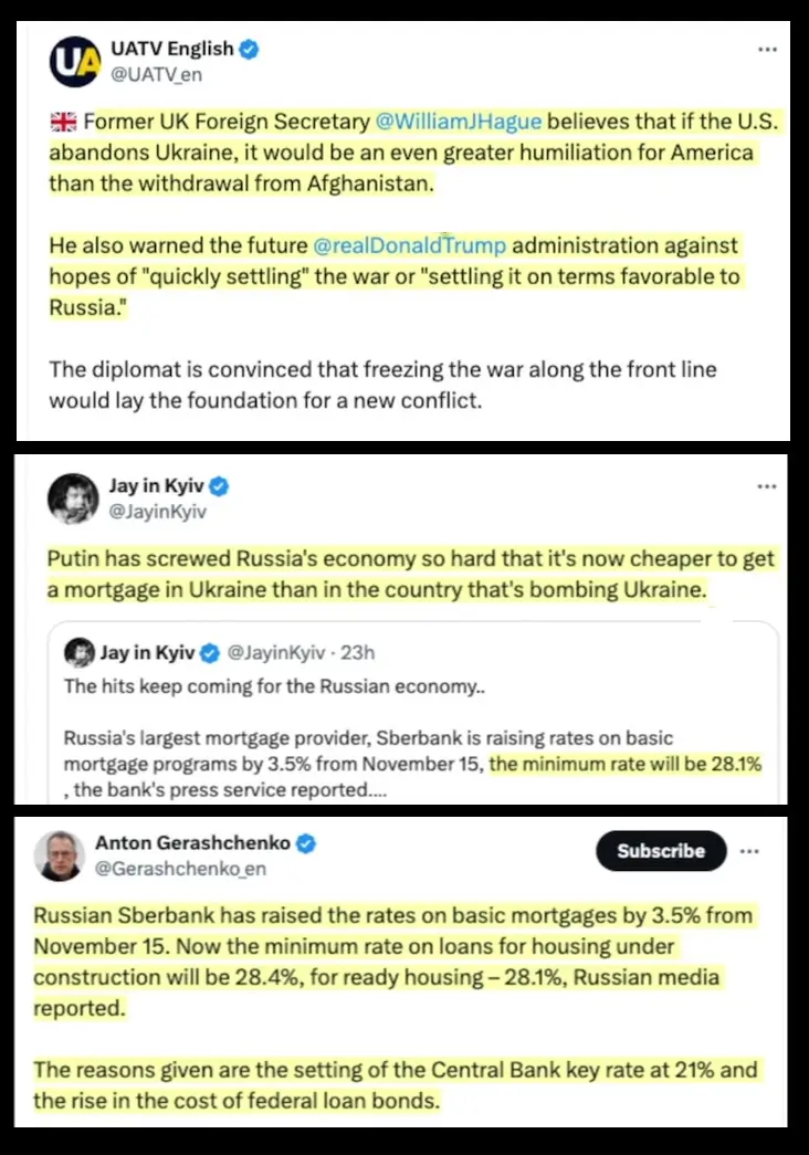 A screenshot of three Twitter posts, each with highlighted text. The top post from UATV English quotes former UK Foreign…