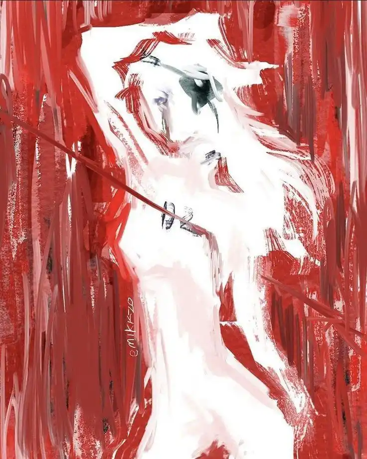 A stylized, abstract painting depicts a white figure with long hair and a tear falling from one eye, set against a chaotic…