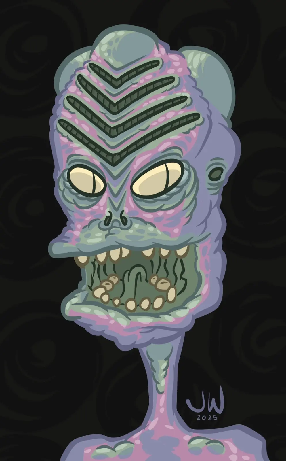 A cartoonish, grotesque alien creature with a purple and green mottled body, large yellow eyes, and a wide mouth full of…