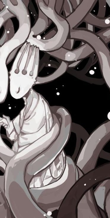 A grayscale illustration shows a humanoid figure with a fork for a head, surrounded by thick, tentacle-like vines against a…