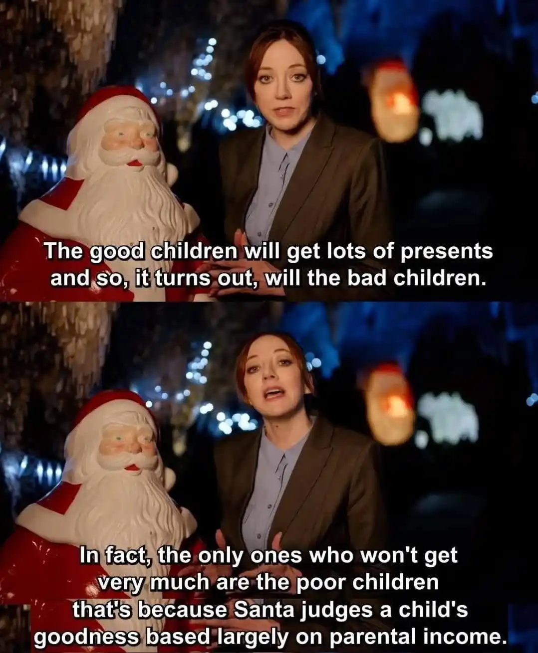 A two-panel meme featuring actress Judy Greer standing beside a plastic Santa Claus statue at night. In the top panel, she…