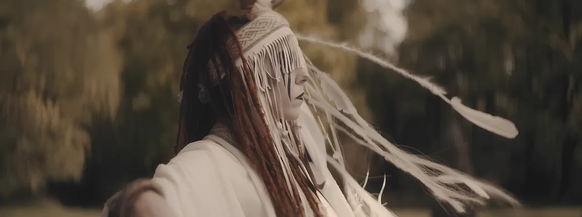 A person with dark dreadlocks and white face paint, wearing a white fringed headband and feathered headdress, stands in…