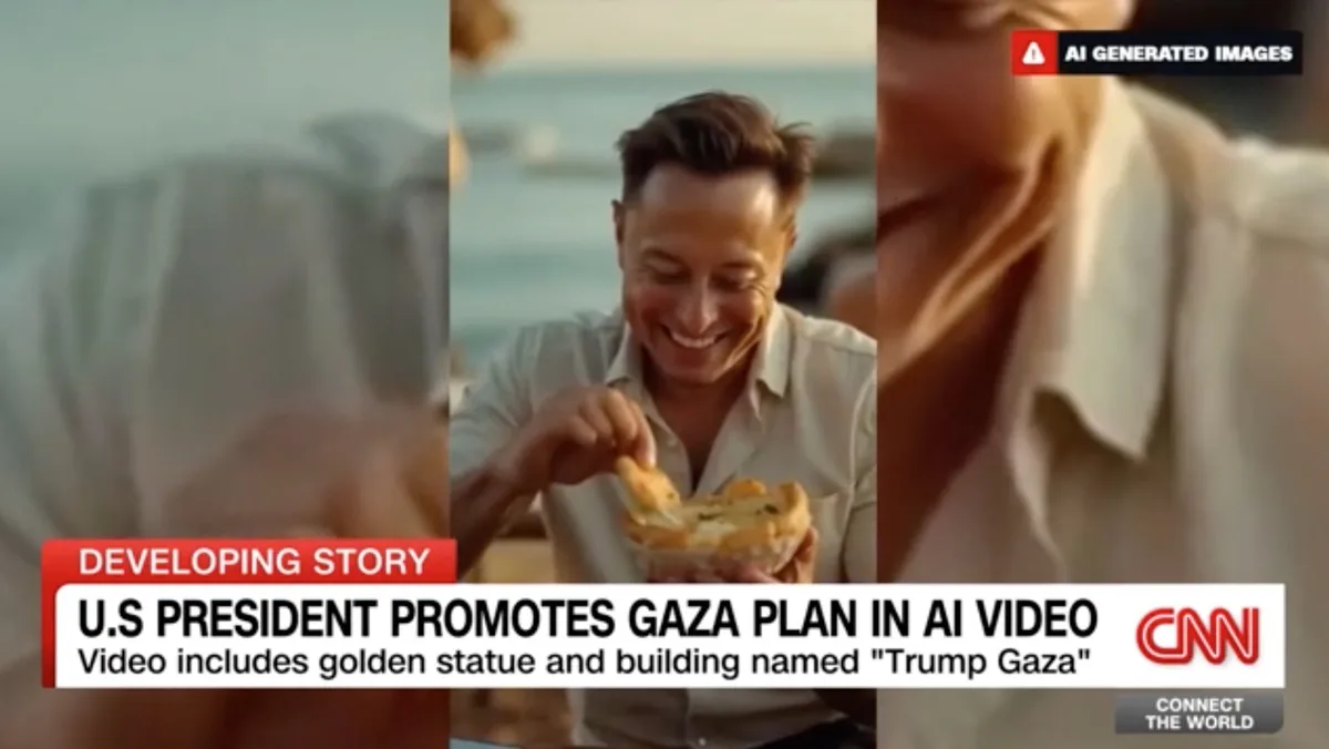 An AI-generated image shows a smiling man in a light-colored shirt eating a dish near water, overlaid with a CNN news banner…