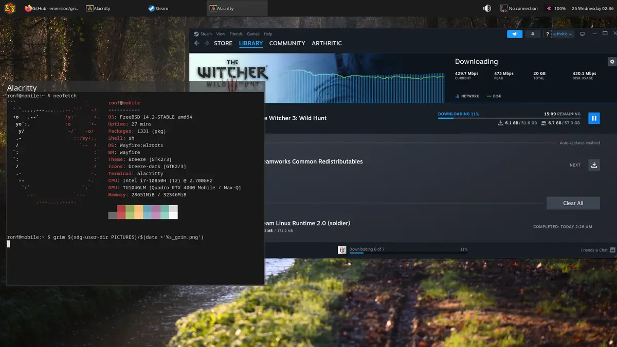A screenshot of a Linux desktop with a terminal window open, showing a neofetch system info output for FreeBSD with a…