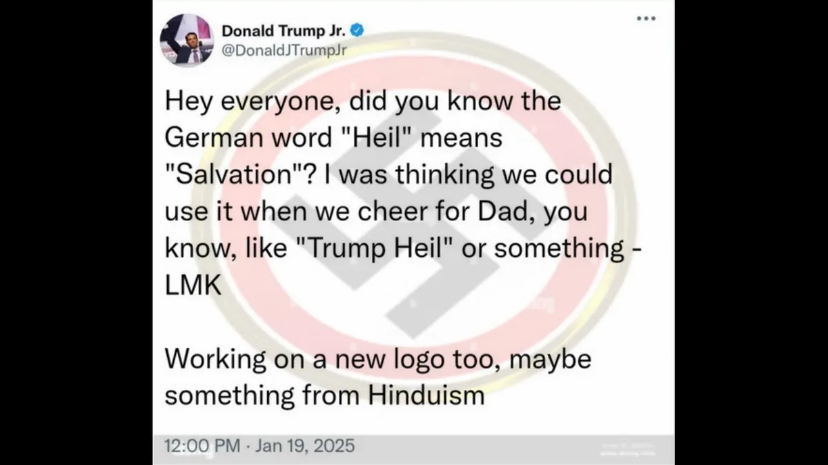 A screenshot of a tweet from Donald Trump Jr. that reads 'Hey everyone, did you know the German word "Heil" means…