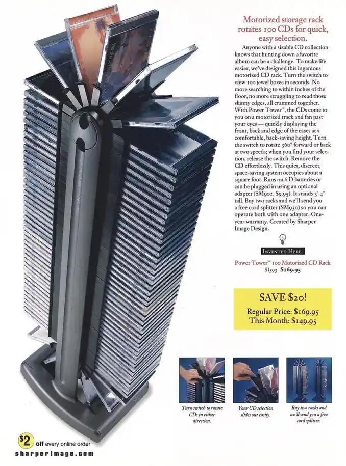An advertisement for a 'Power Tower' motorized CD rack holding 100 CD cases, with text describing its rotating feature and…
