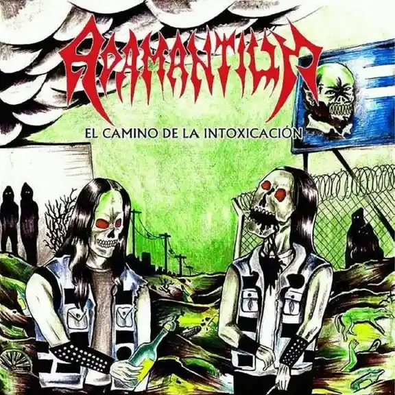 An album cover for the band Apamantila, titled 'El Camino de la Intoxicación,' depicting two skeletal figures with glowing…