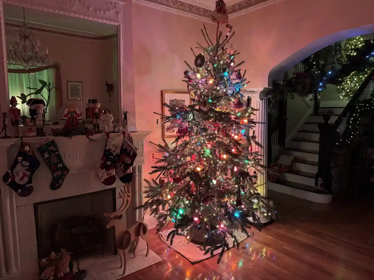 A lavishly decorated Christmas tree with multicolored lights and ornaments stands in a warmly lit living room, next to a…