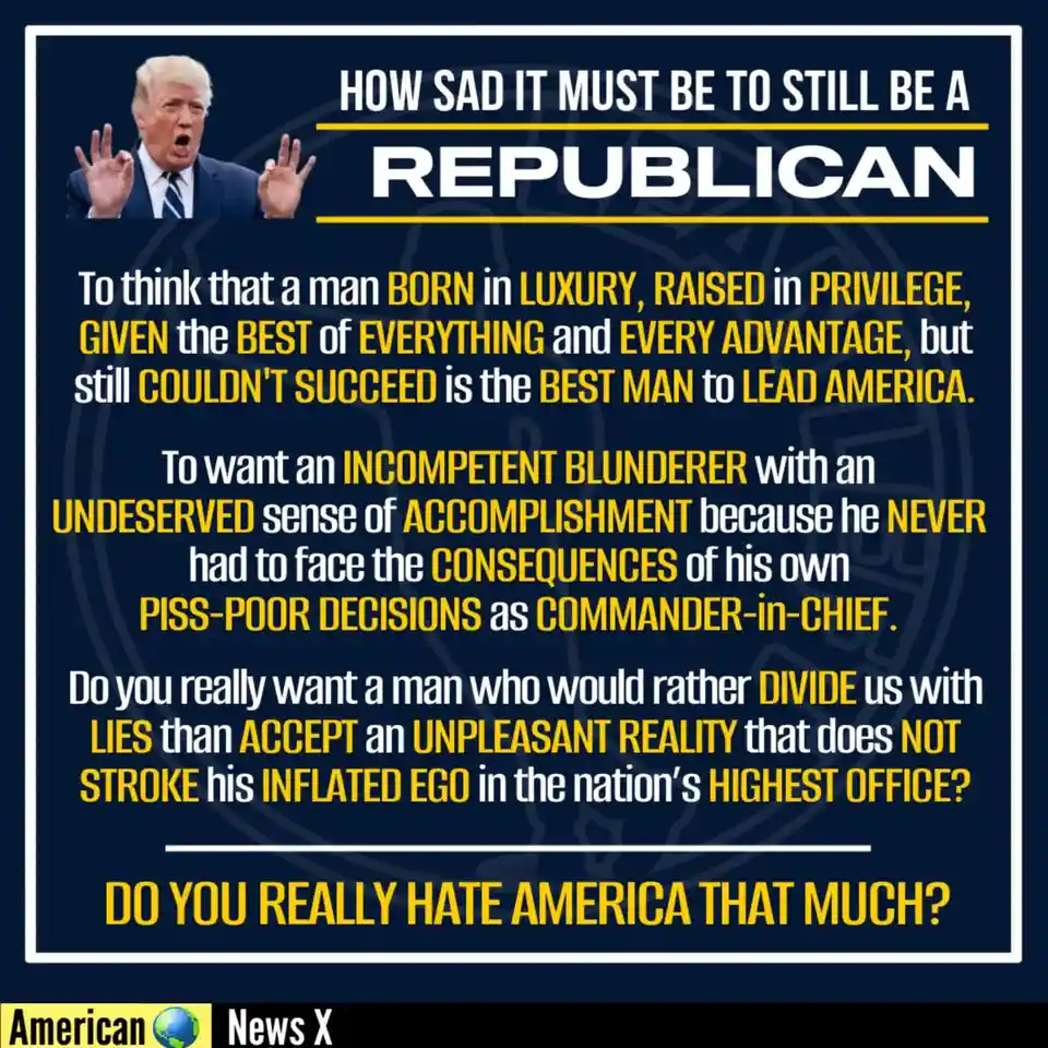 The image features a photo of Donald Trump with his hands raised and mouth open, overlaid with bold white and yellow text on…