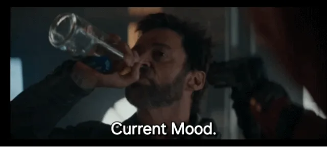 The image displays six identical frames of Hugh Jackman as Wolverine from the movie 'Logan,' drinking from a glass bottle…