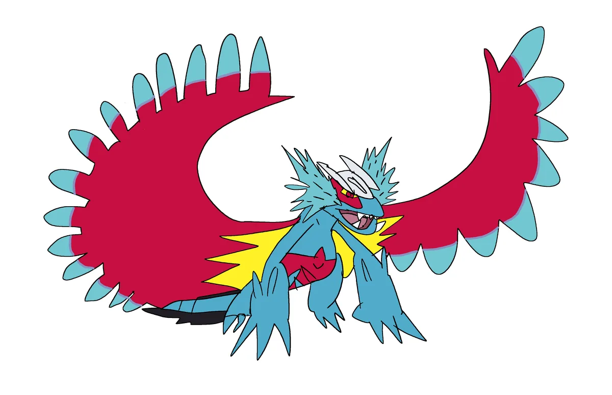 A cartoon drawing of a blue, spiky dragon-like creature with red and yellow accents, roaring while surrounded by a large…