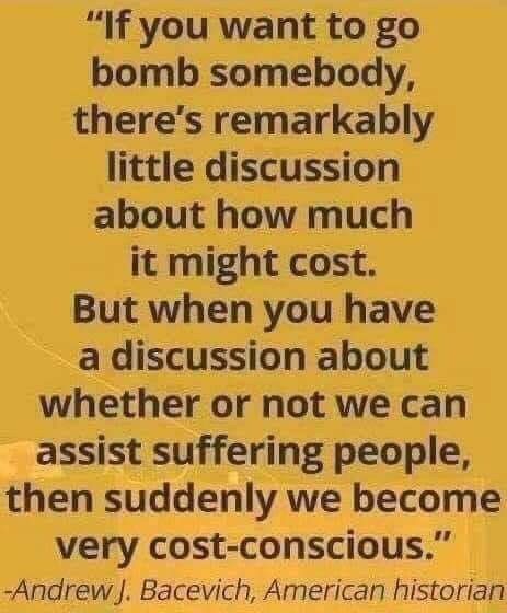 A yellow background image displays a quote in black text attributed to Andrew J. Bacevich, American historian. The quote…