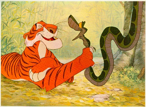 A cartoon tiger, lying on its side in a jungle setting, holds a small snake by its head with one paw while smiling…