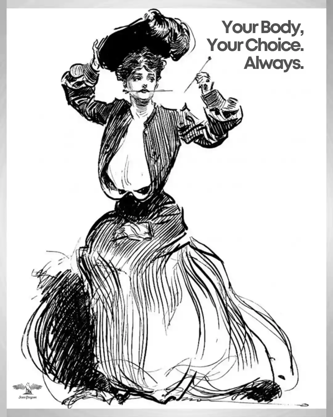 A vintage black-and-white illustration shows a woman in a large hat and voluminous dress, holding a cigarette holder and a…