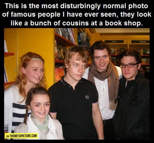 A group of five young people, including actors like Emma Watson and Tom Felton, are posing together in a bookstore. They…