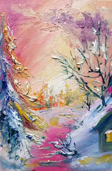 An abstract, textured oil painting depicts a snowy landscape with bare trees, a small house, and a path under a pink and…
