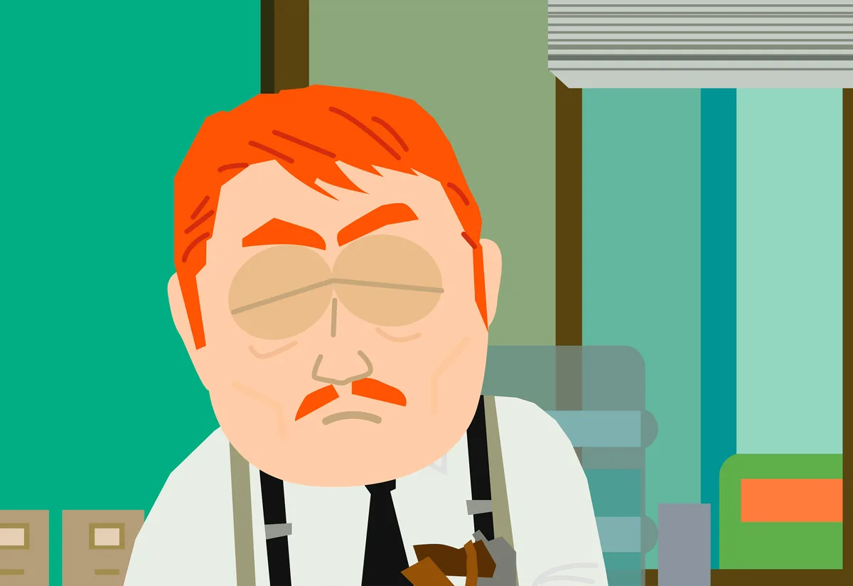 The image shows four panels of a cartoon man with orange hair and a mustache, wearing a white shirt and suspenders, in an…