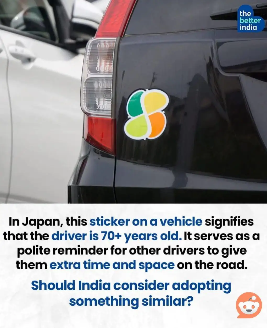 A close-up photo shows a colorful four-leaf clover-like sticker on the rear of a black car, next to a red taillight. The…