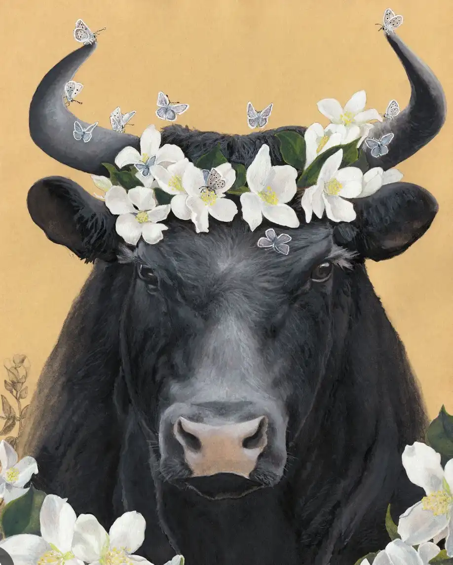 A painted portrait of a black bull with large curved horns, adorned with a crown of white blossoms and small butterflies…