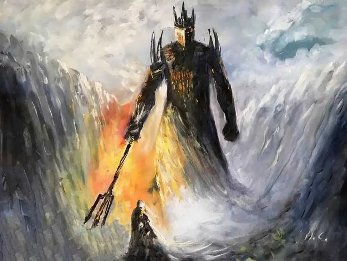 A dramatic painting depicts a towering, dark, spiky-crowned figure holding a trident, standing amidst crashing waves and…
