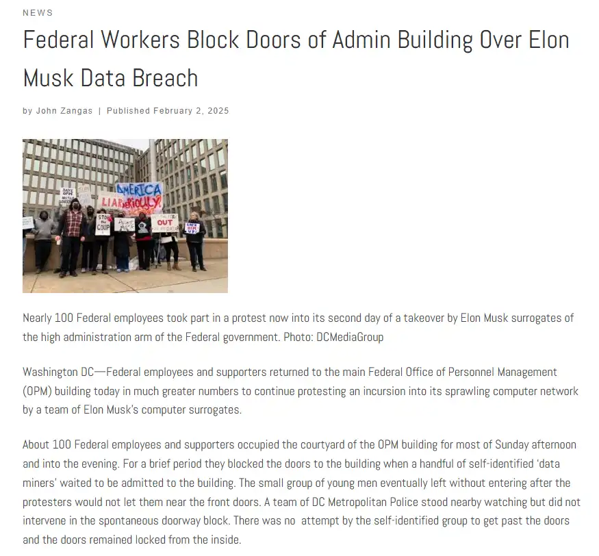 A news article screenshot shows a protest with federal workers holding signs like 'AMERICA LIAR' and 'STAND UP' outside a…