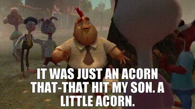 A still from the animated movie 'Zootopia' shows a large, round, chicken-like character in a white shirt and tie, repeatedly…