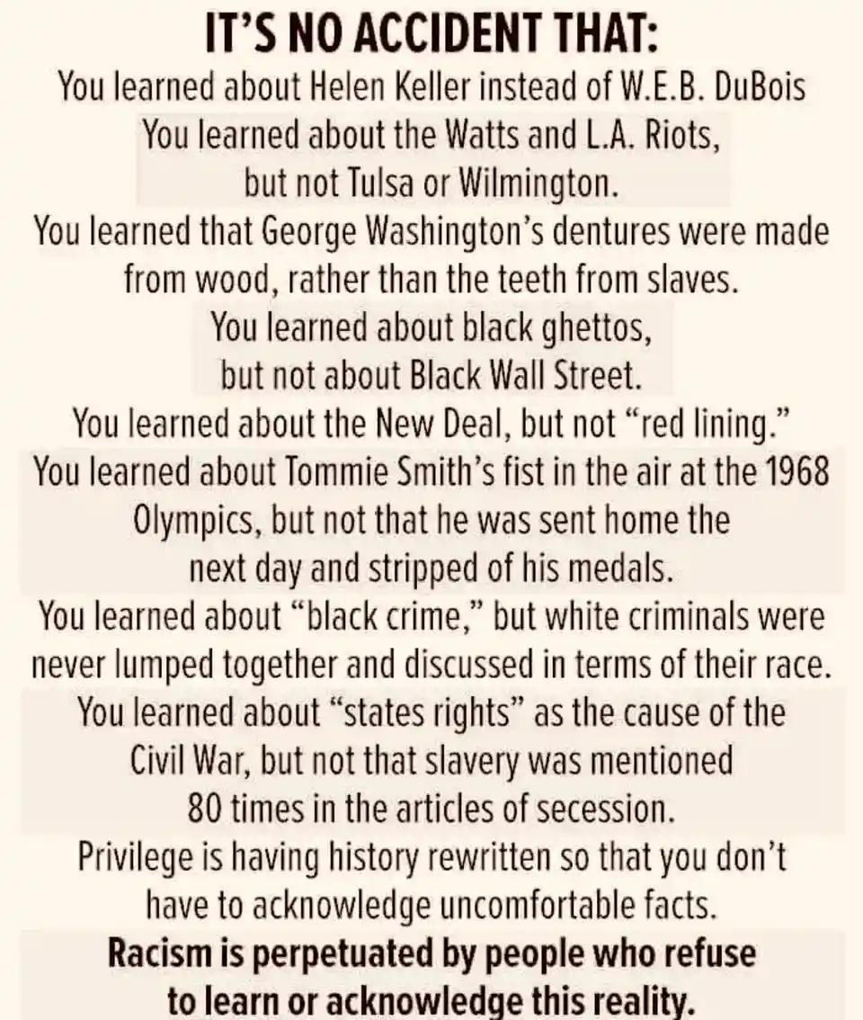 A text-based image with a beige background and dark brown text listing historical omissions and distortions in education…