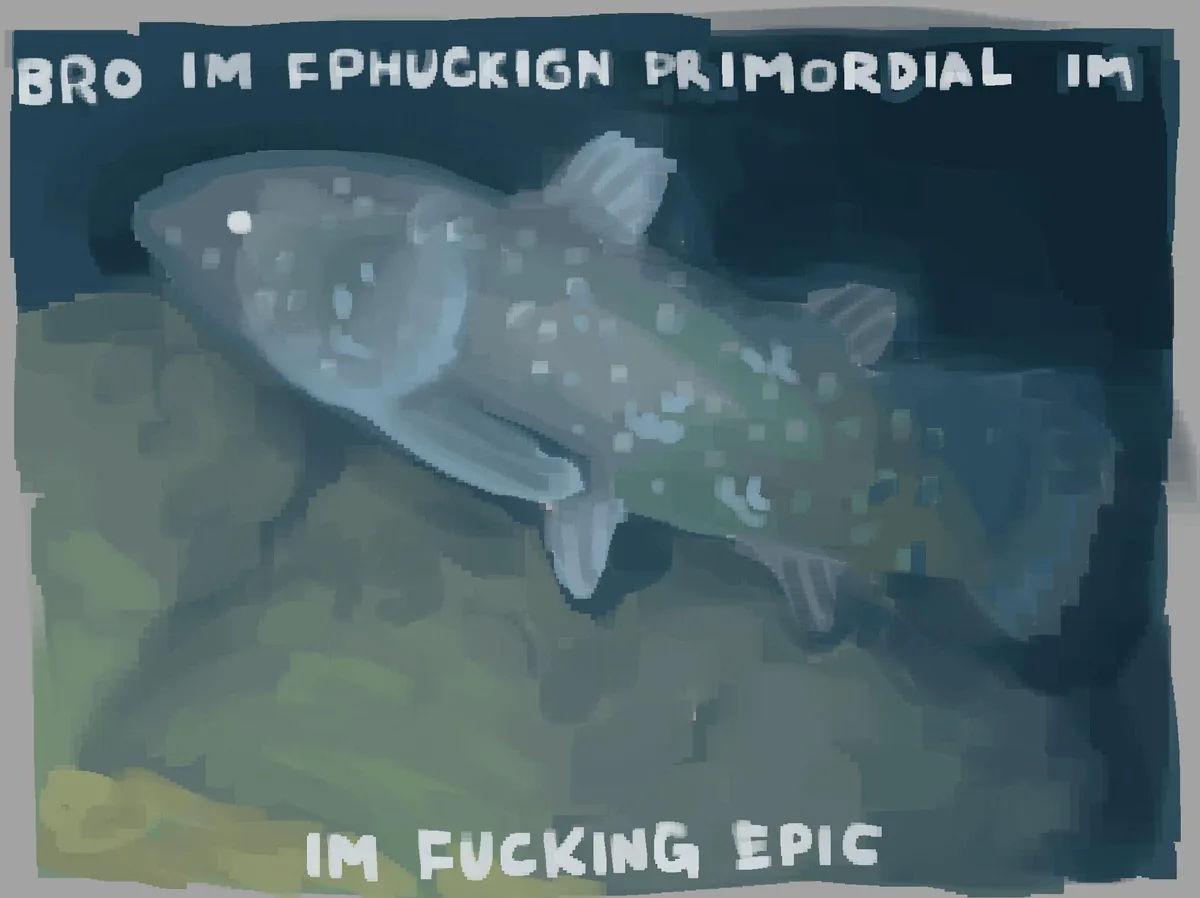 A pixelated, low-resolution image of a fish-like creature swimming in murky water. The text at the top reads 'BRO IM…
