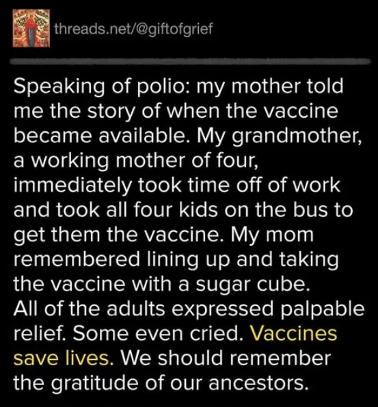 A black-background image displays a text post from threads.net/@giftofgrief, recounting a family story about getting polio…