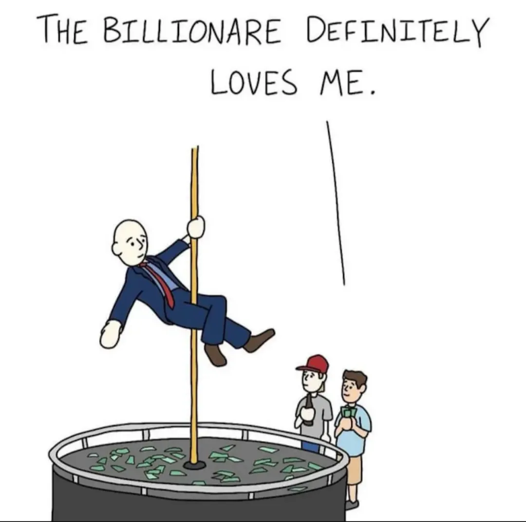 A cartoon depicts a bald man in a suit climbing a pole stuck in a large tub filled with money, while two onlookers hold…