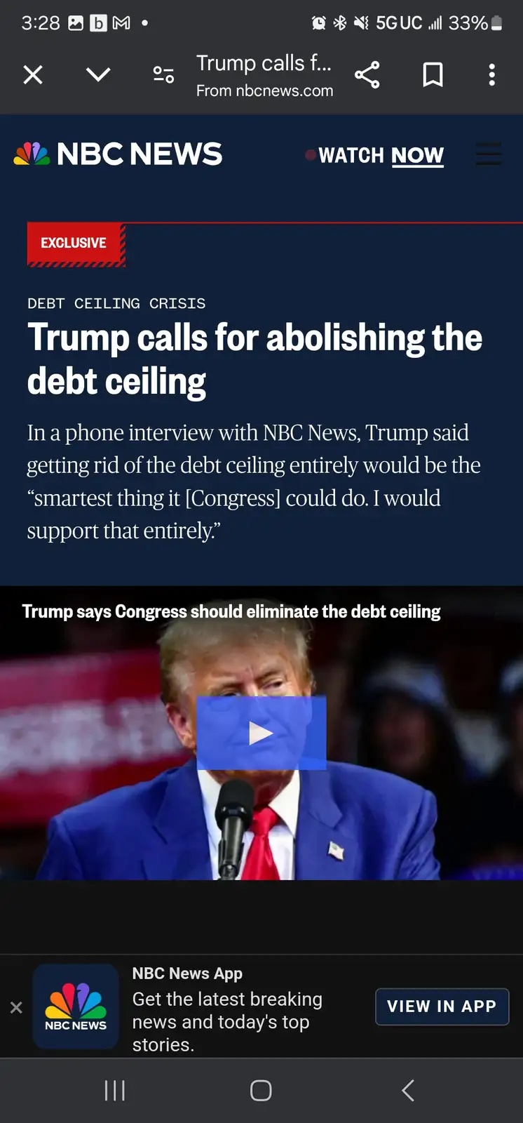A screenshot of an NBC News mobile article about Trump calling for abolishing the debt ceiling, featuring a photo of Donald…